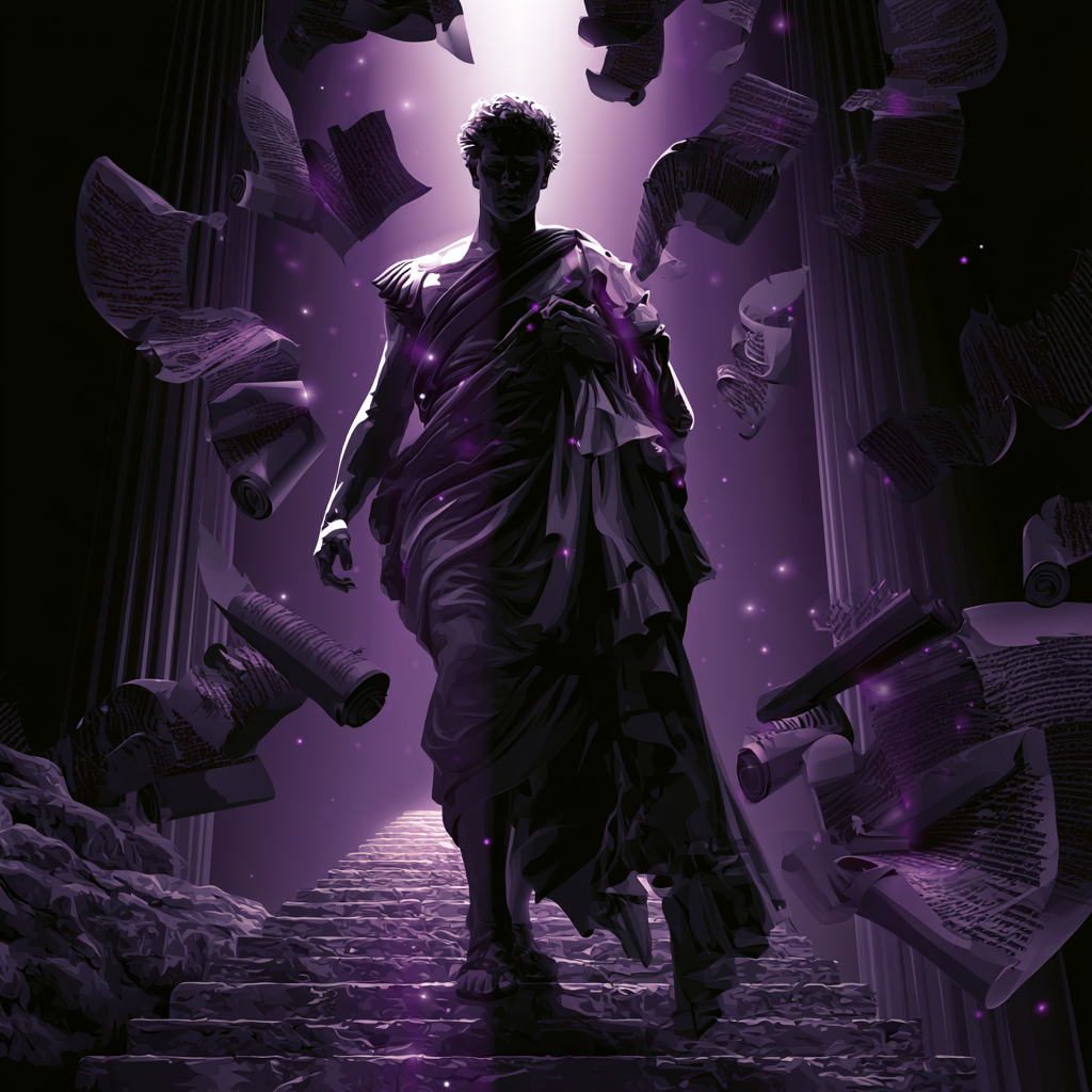 Ilustración de Marco Aurelio ascendiendo escalones de piedra — áskēsis y ejercicio integral del estoico