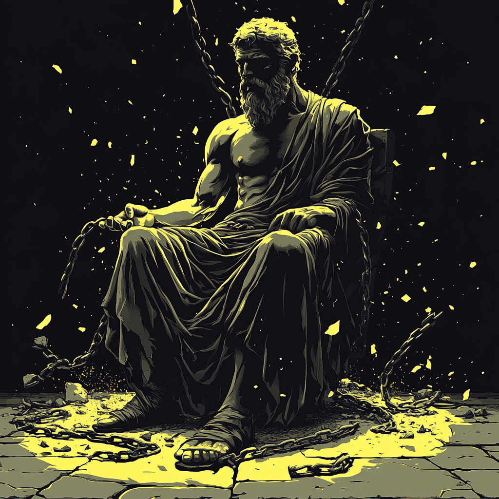 Ilustración de Epicteto rompiendo cadenas de hierro — método estoico para romper malos hábitos