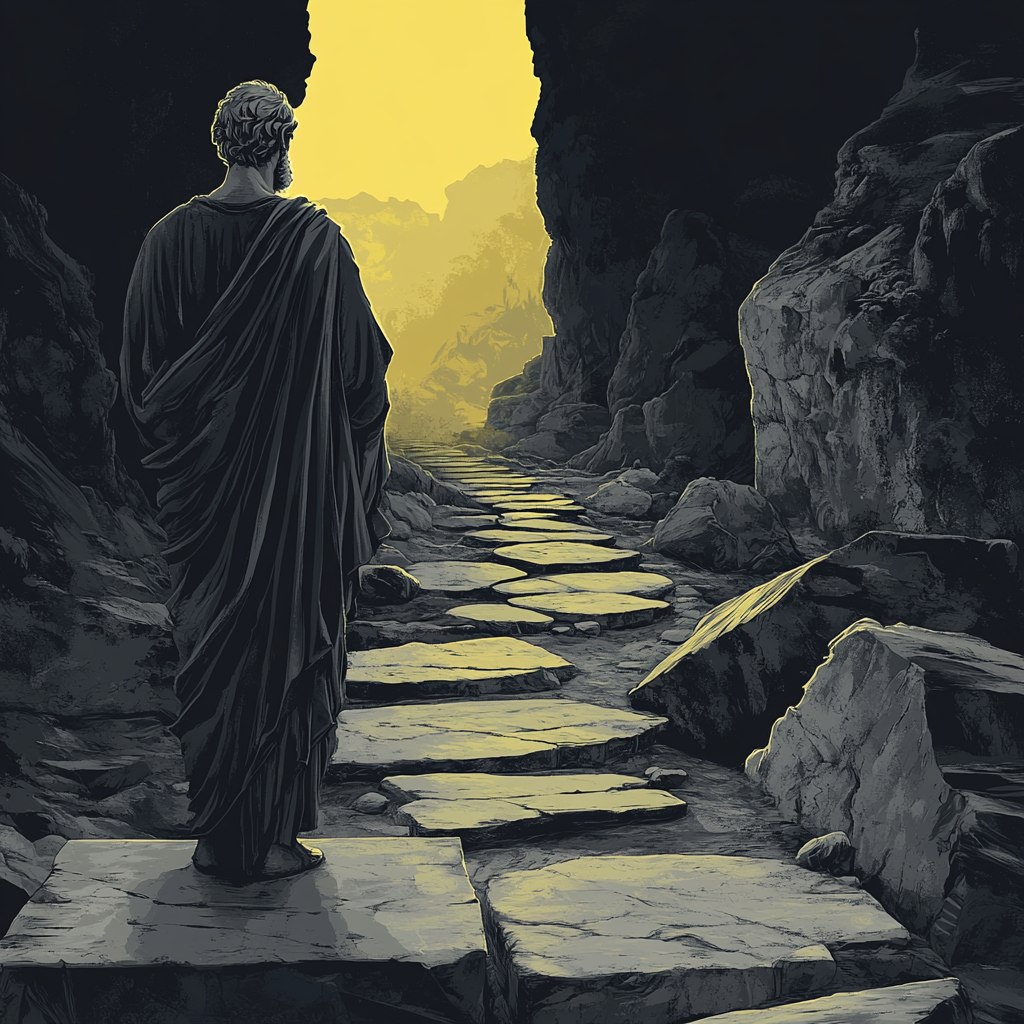 Ilustración estoica de Epicteto entre dos caminos divergentes — la dicotomía del control