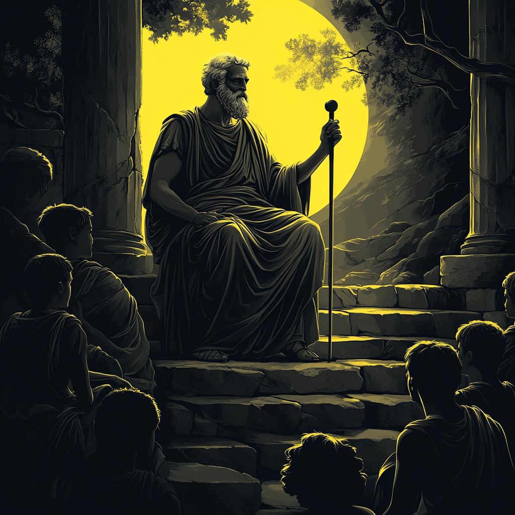 Ilustración de Epicteto enseñando en su escuela de Nicópolis — del esclavo al maestro estoico