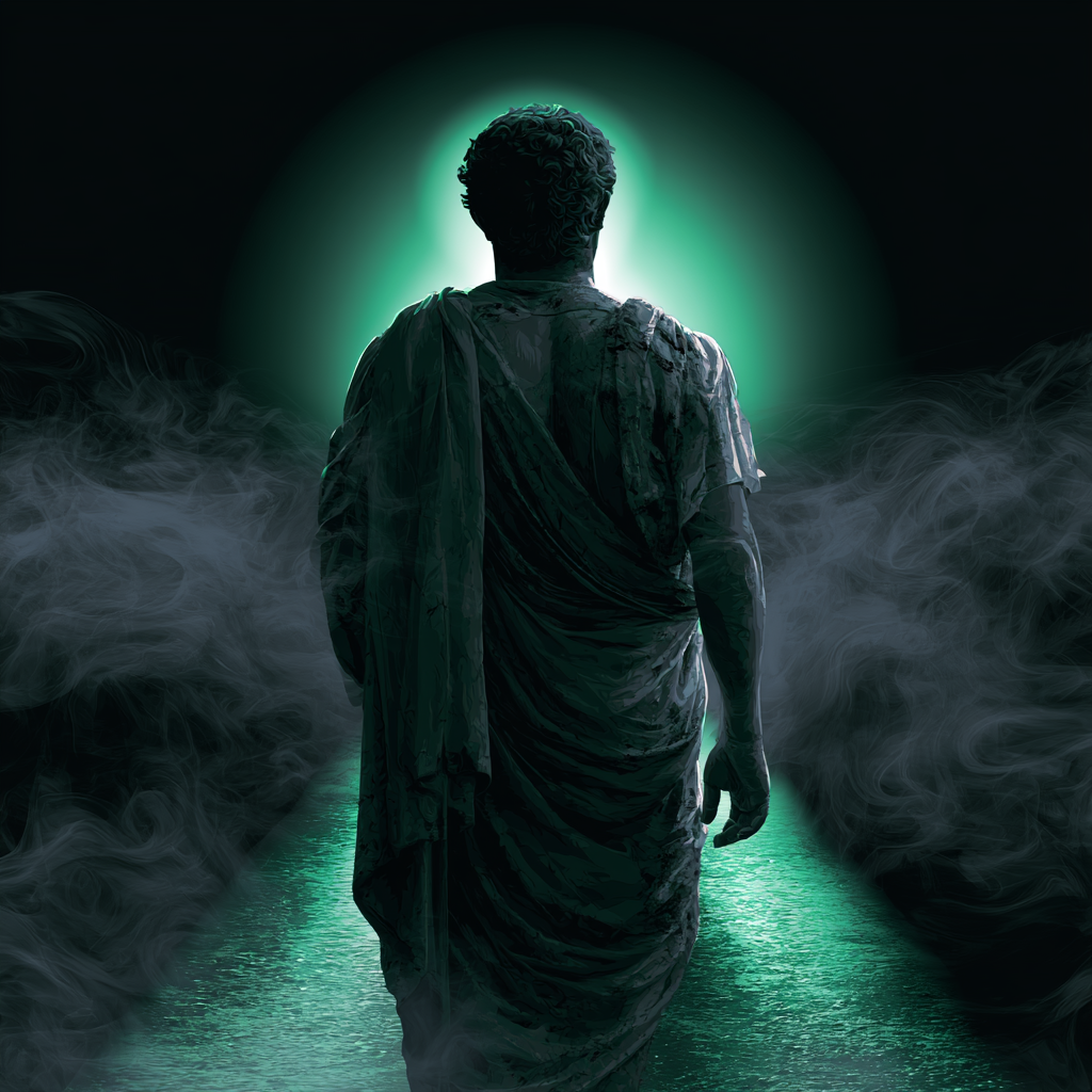 Ilustración de Marco Aurelio en bifurcación de caminos en la niebla — decisiones bajo incertidumbre