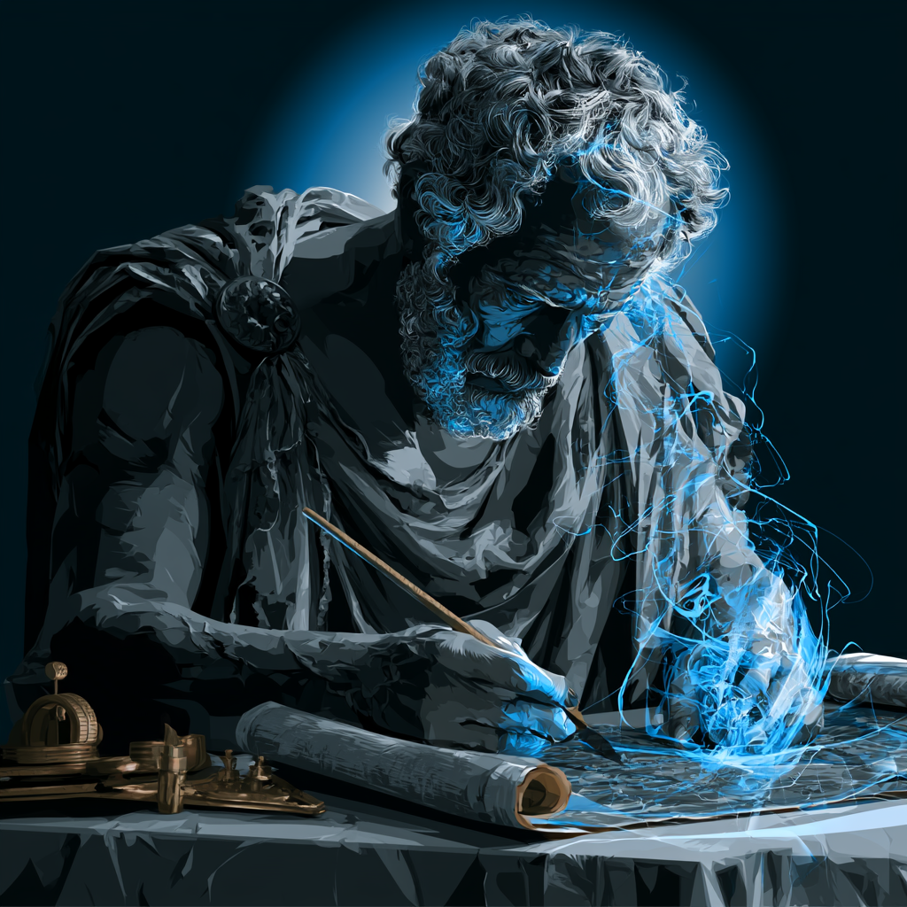 Ilustración de Séneca con mapa y herramientas de bronce — los tres dominios del emprendedor
