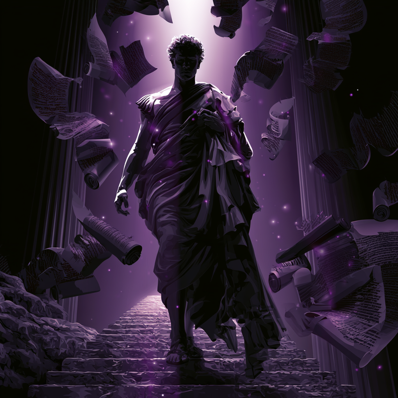 Ilustración de Marco Aurelio ascendiendo escalones de piedra — áskēsis y ejercicio integral del estoico