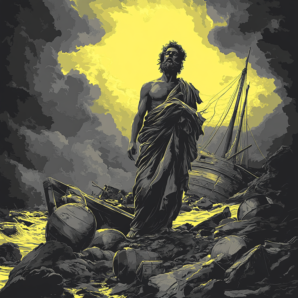 Ilustración de Zenón de Citio emerging del naufragio — el origen del estoicismo en Atenas