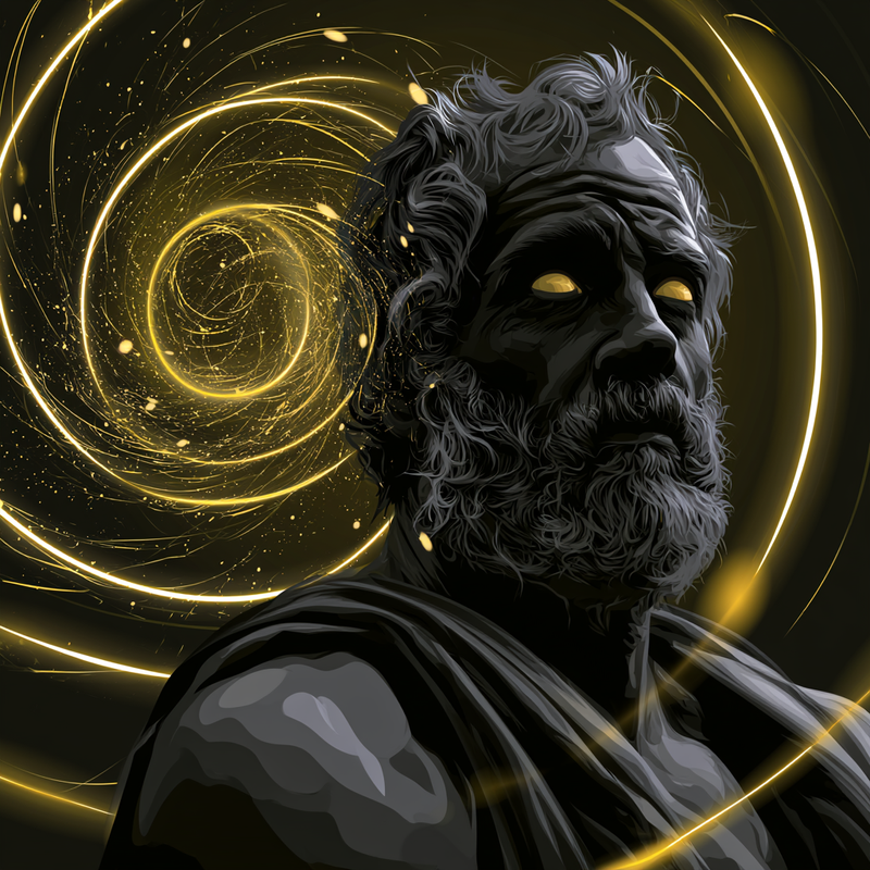 Ilustración de Epicteto resistiendo una espiral hipnótica de luz — estoicismo en la era del scroll infinito