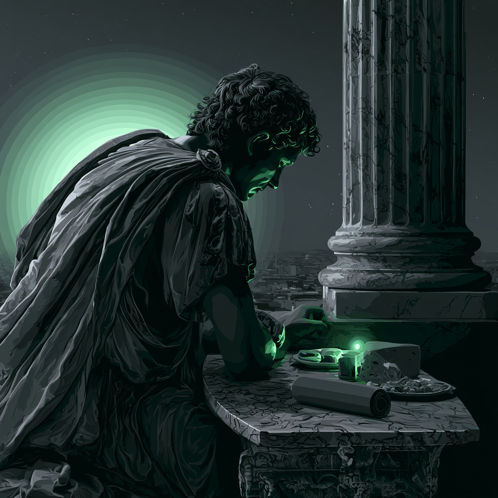 Ilustración de Marco Aurelio frente al primer rayo del alba — rituales matutinos estoicos