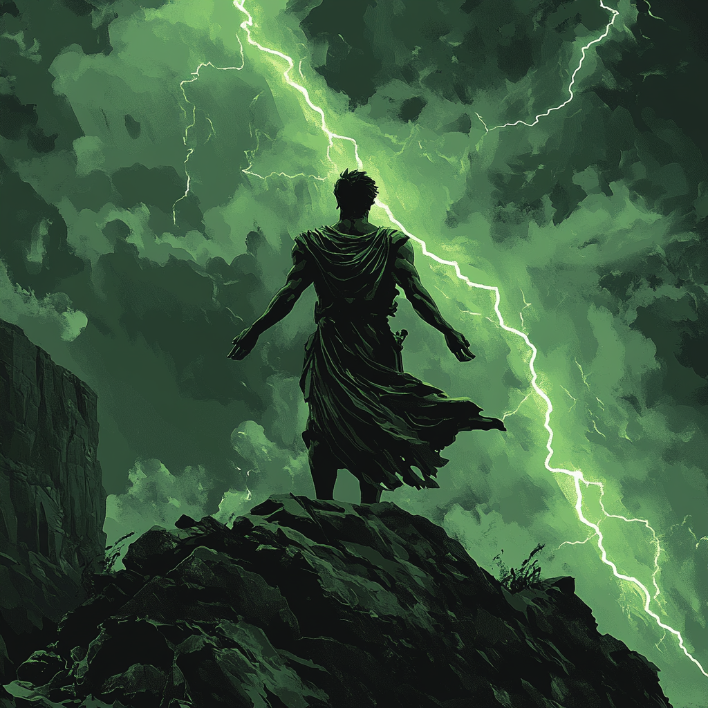 Ilustración de Marco Aurelio frente a tormenta con brazos abiertos — amor fati y aceptación estoica