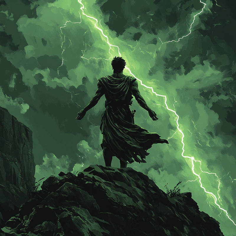 Ilustración de Marco Aurelio frente a tormenta con brazos abiertos — amor fati y aceptación estoica