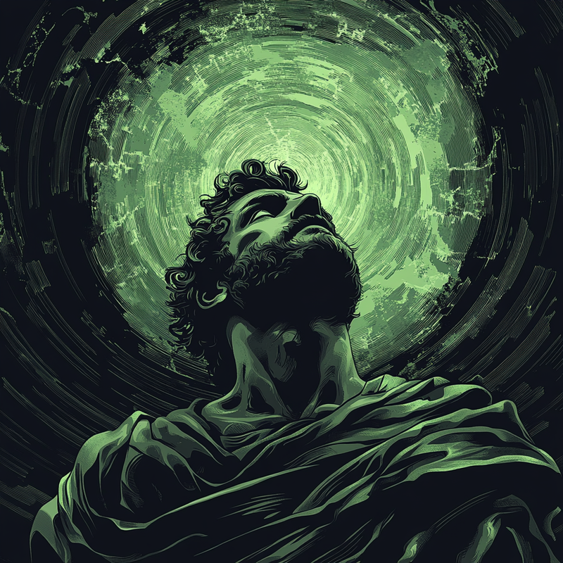 Ilustración de Marco Aurelio con espiral cósmica sobre su cabeza — logos y razón estoica