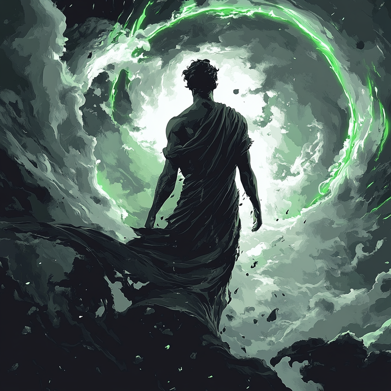 Ilustración de Marco Aurelio inmóvil en el ojo de la tormenta — apatheia y libertad de pasiones