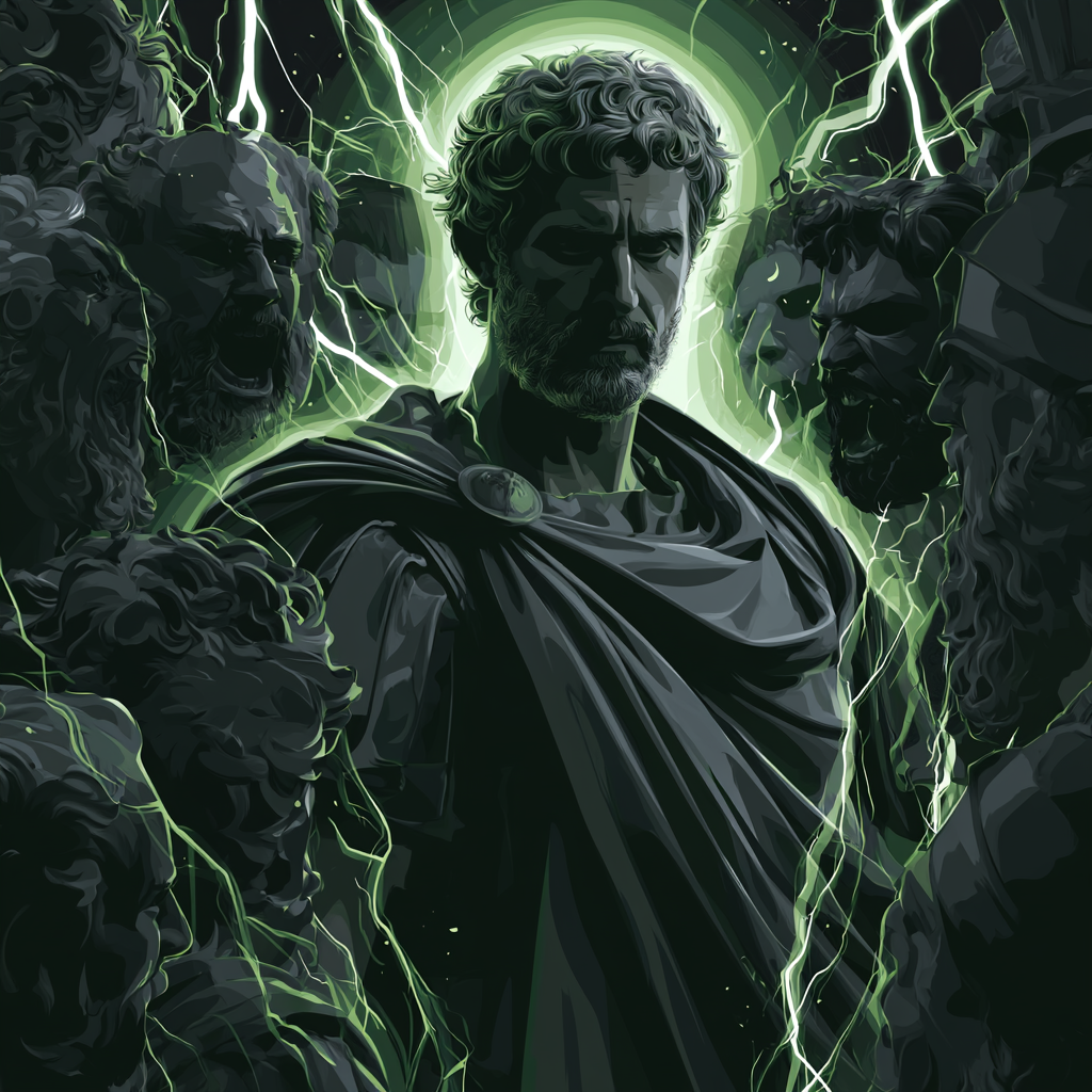 Ilustración de Marco Aurelio sereno entre figuras hostiles — tratar con personas difíciles