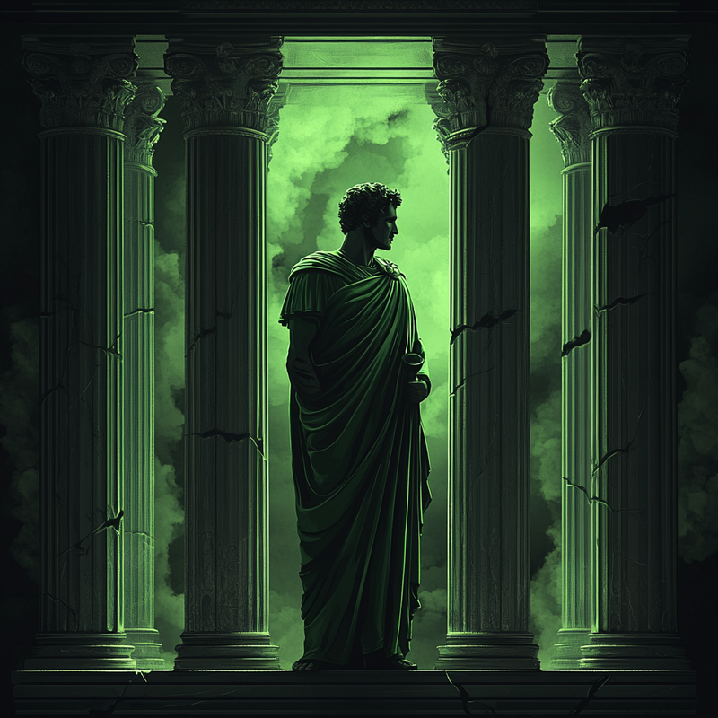 Ilustración de Marco Aurelio entre cuatro columnas de mármol — las cuatro virtudes cardinales estoicas