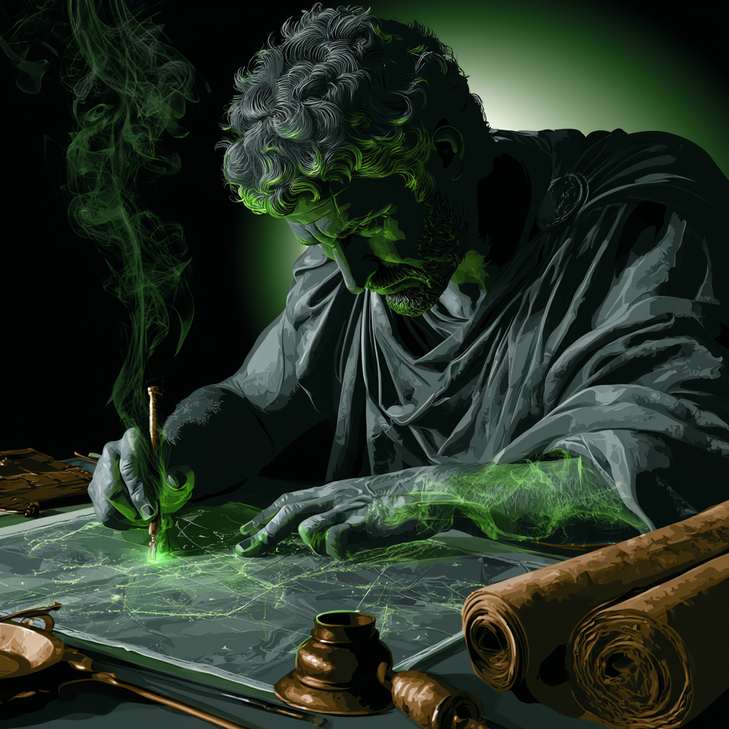 Ilustración de Marco Aurelio estudiando un mapa militar con líneas temporales — diagrama de Gantt