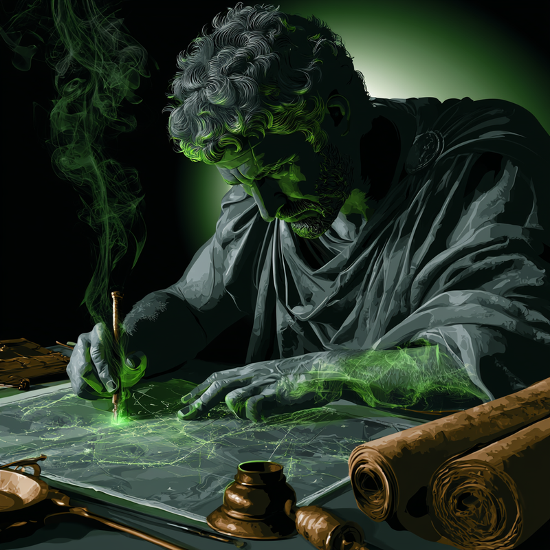 Ilustración de Marco Aurelio estudiando un mapa militar con líneas temporales — diagrama de Gantt