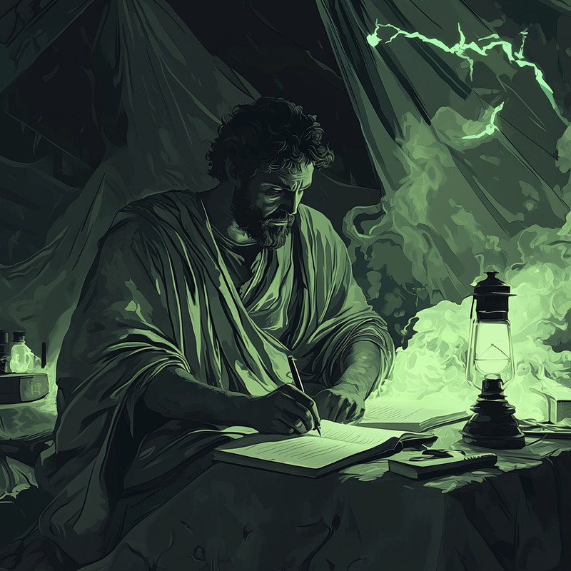 Ilustración de Marco Aurelio escribiendo las Meditaciones por la noche en su tienda militar