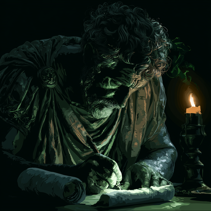 Ilustración de Marco Aurelio escribiendo en pergamino al amanecer — el diario matinal estoico