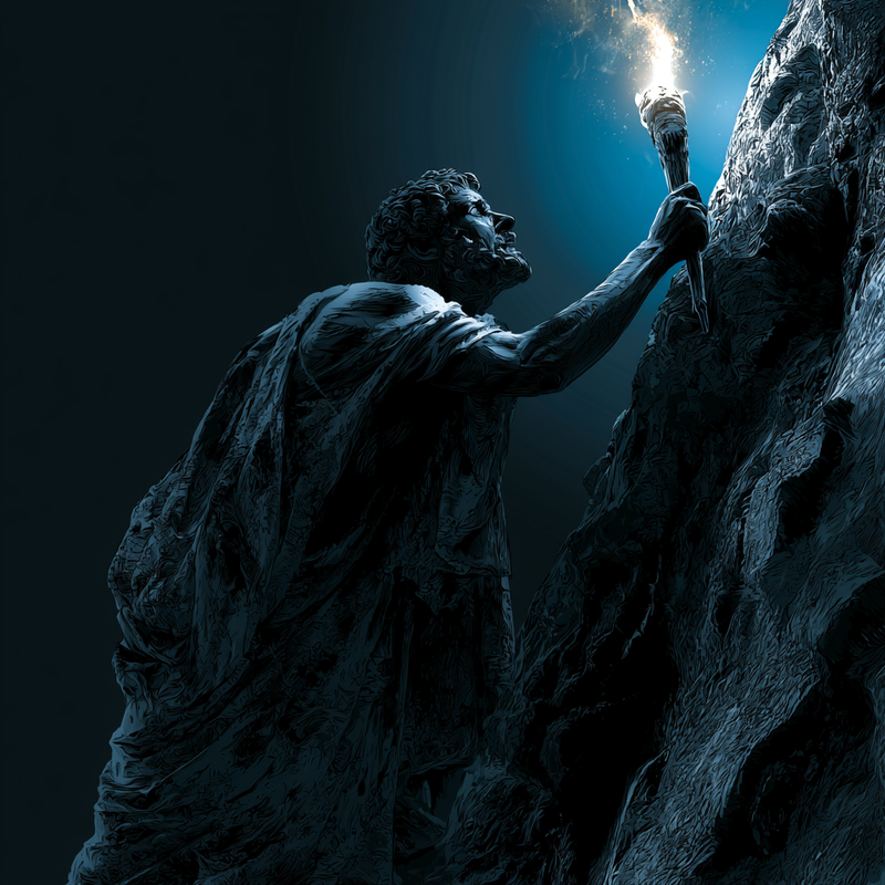 Ilustración de Séneca subiendo solo por una montaña de noche — estoicismo para quien emprende solo