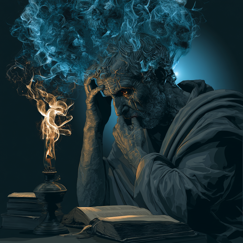 Ilustración de Séneca contemplando fantasmas de la adversidad — la premeditatio malorum