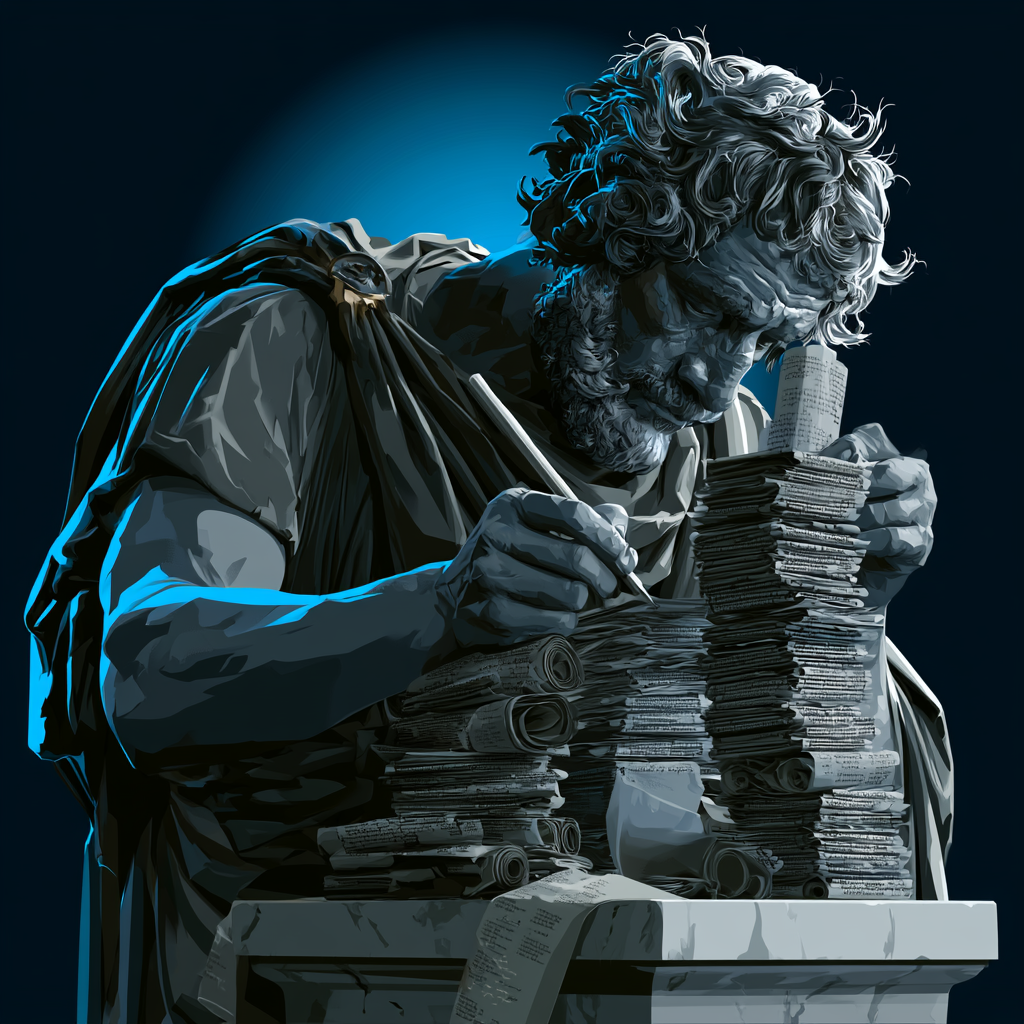 Ilustración de Séneca organizando pergaminos de correspondencia — CRM artesanal y memoria de relaciones