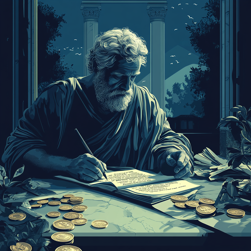 Ilustración de Séneca escribiendo en su escritorio rodeado de monedas — filósofo y rico contradictorio