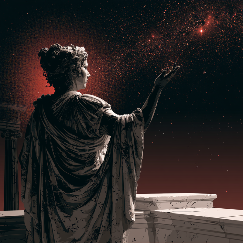 Ilustración de Porcia Catón contando estrellas con la palma alzada — práctica estoica de gratitud