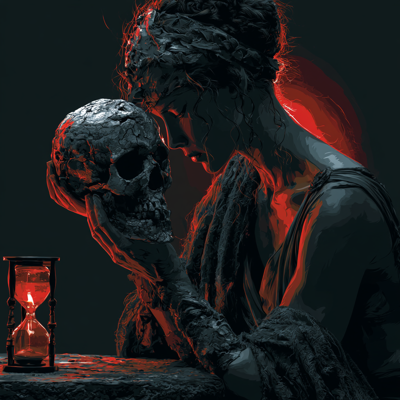 Ilustración de Porcia Catón sosteniendo un cráneo a la luz de una vela — memento mori estoico