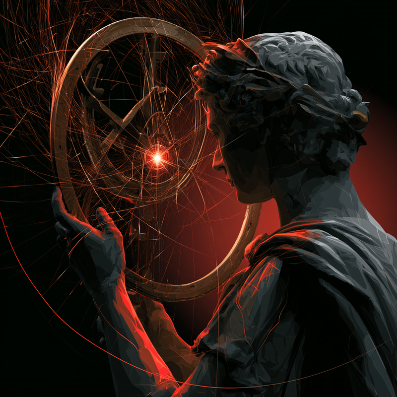 Ilustración de Porcia Catón midiendo el cielo con un astrolabio de bronce — mood tracker estoico