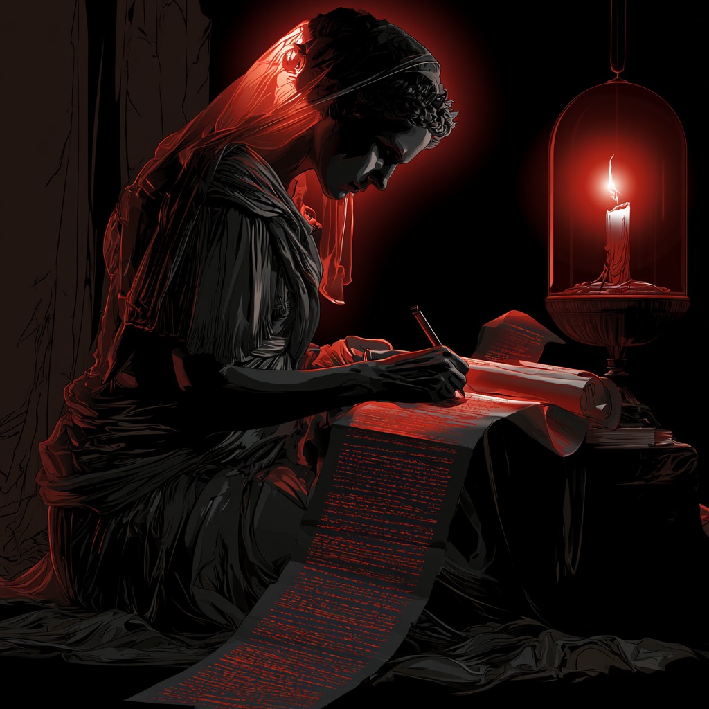 Ilustración de Porcia Catón escribiendo meditaciones a la luz de una lámpara — el cuaderno como tecnología del yo