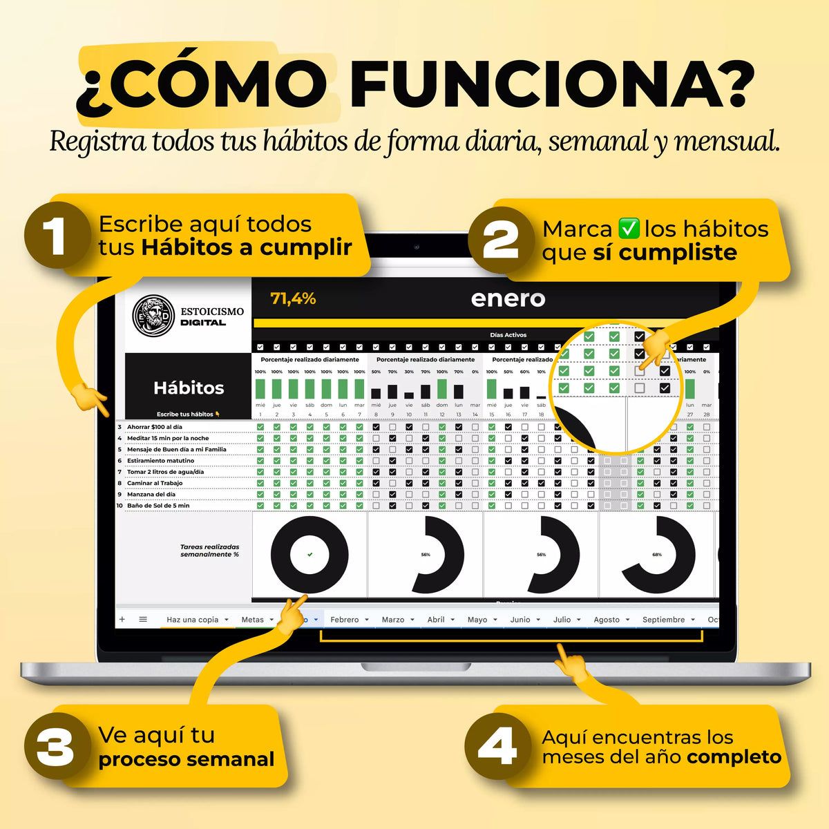 Tracker de Hábitos en Google Sheets mostrando racha diaria activa y resumen mensual de cumplimiento (vista 2) — vista 2