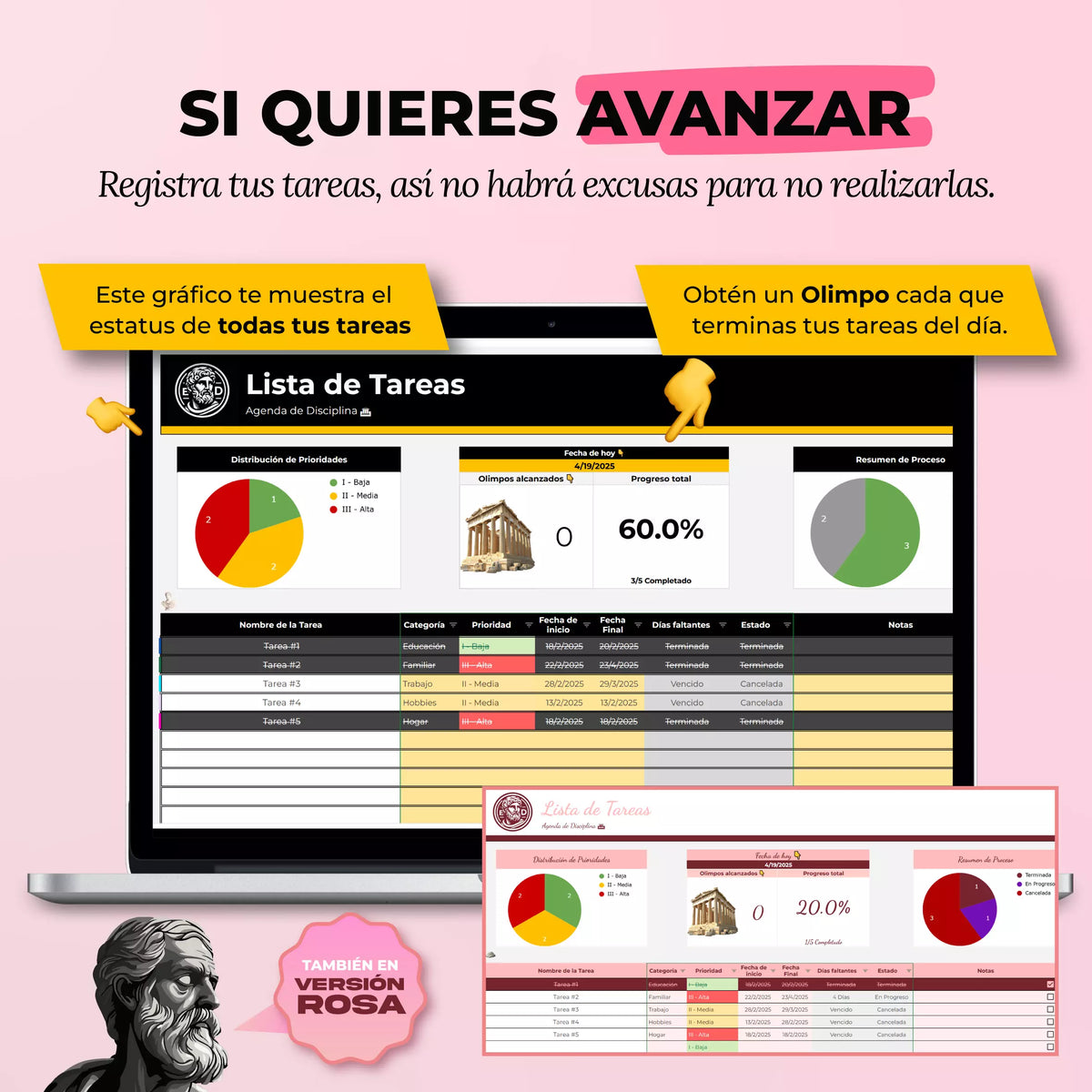 Agenda de Tareas en Google Sheets mostrando lista de prioridades y vista semanal organizada (vista 2) — vista 2