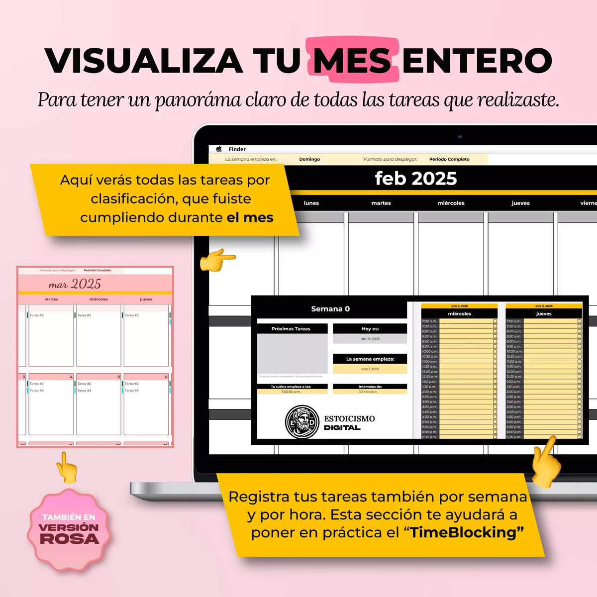 Agenda de Tareas en Google Sheets mostrando lista de prioridades y vista semanal organizada (vista 3) — vista 3