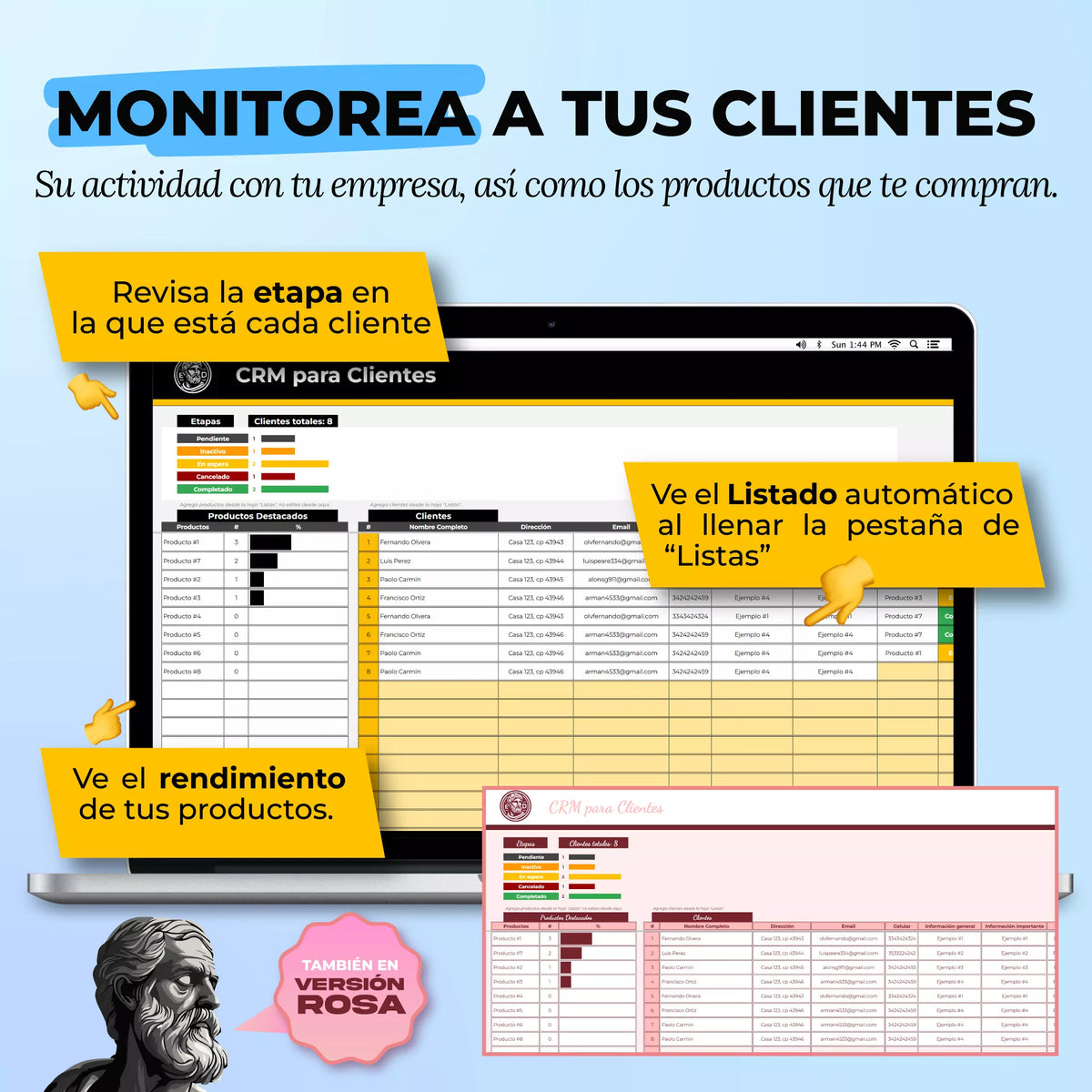 CRM de Administración de Clientes en Google Sheets mostrando tabla de contactos y pipeline de ventas (vista 2) — vista 2