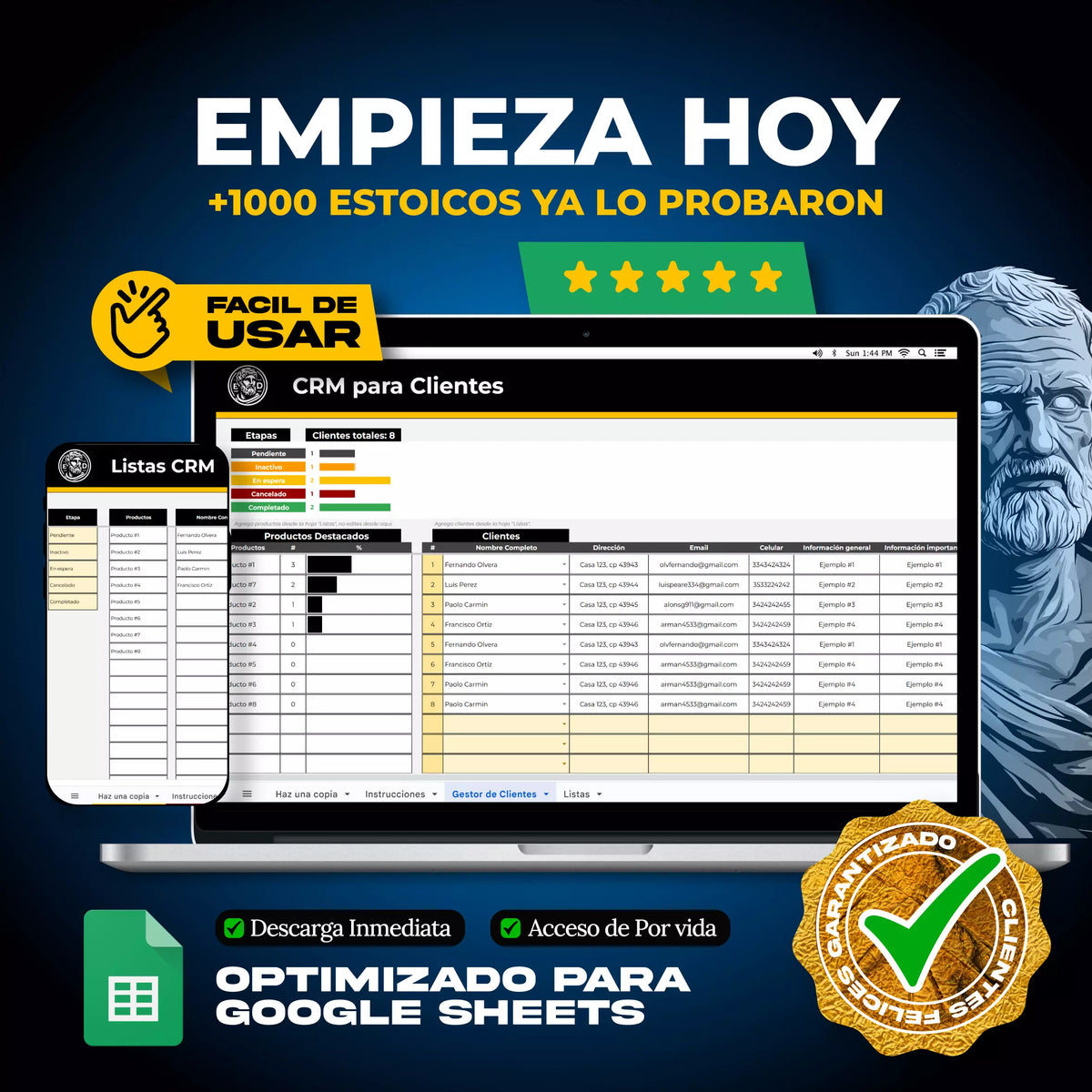 CRM de Administración de Clientes en Google Sheets mostrando tabla de contactos y pipeline de ventas (vista 4) — vista 4