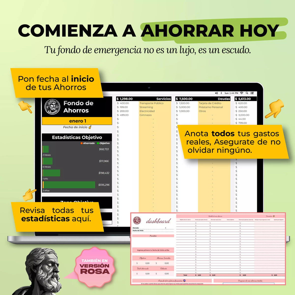Plantilla Fondo de Ahorro en Google Sheets mostrando dashboard de metas de ahorro y progreso acumulado (vista 2) — vista 2