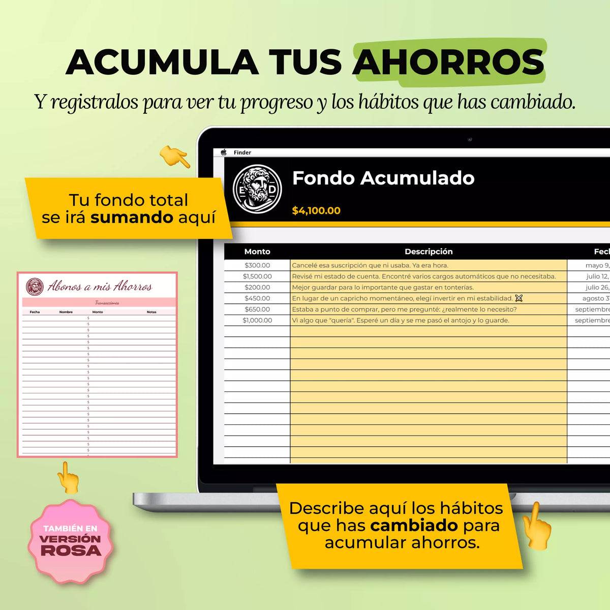 Plantilla Fondo de Ahorro en Google Sheets mostrando dashboard de metas de ahorro y progreso acumulado (vista 3) — vista 3