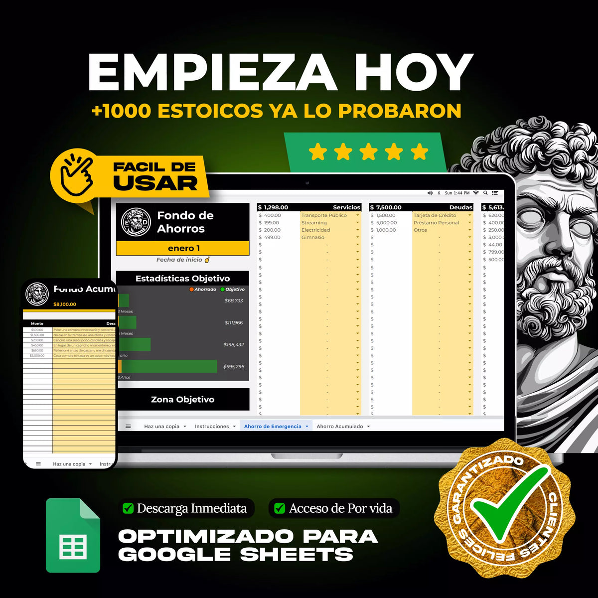 Plantilla Fondo de Ahorro en Google Sheets mostrando dashboard de metas de ahorro y progreso acumulado (vista 4) — vista 4