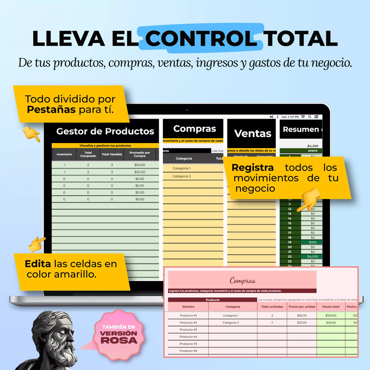 Plantilla Gestión de Emprendimiento en Google Sheets mostrando panel de ingresos, gastos y tareas del negocio (vista 2) — vista 2