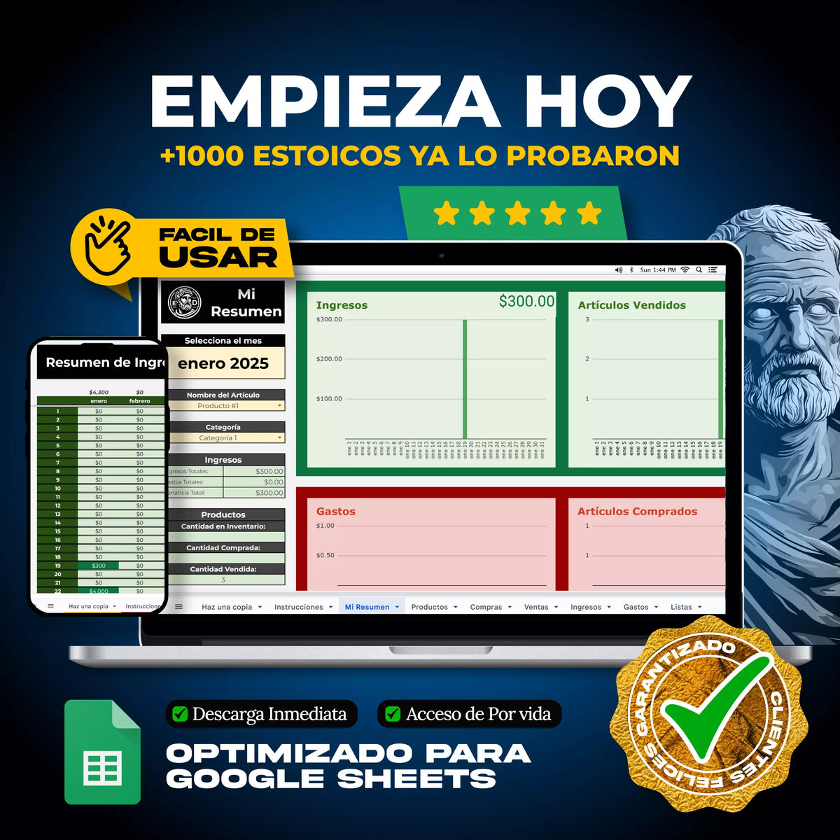 Plantilla Gestión de Emprendimiento en Google Sheets mostrando panel de ingresos, gastos y tareas del negocio (vista 4) — vista 4