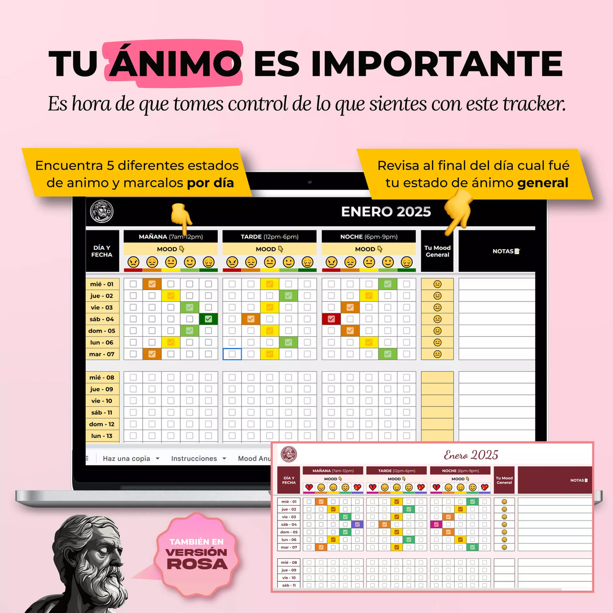 Mood Tracker en Google Sheets mostrando registro emocional diario con gráfico de tendencias mensuales (vista 2) — vista 2