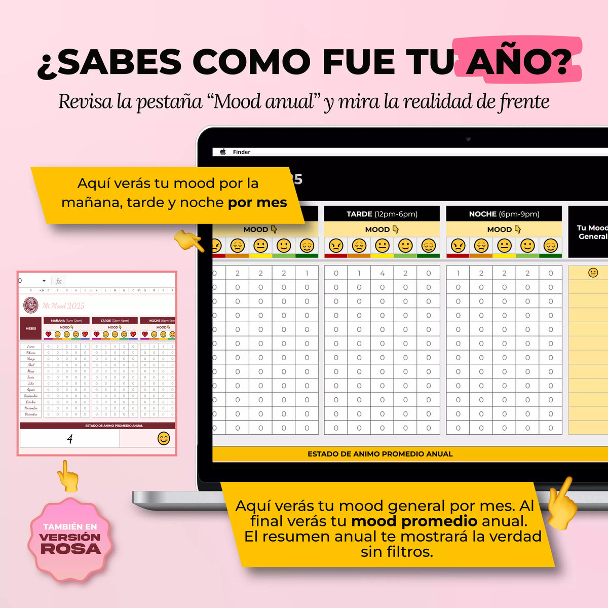 Mood Tracker en Google Sheets mostrando registro emocional diario con gráfico de tendencias mensuales (vista 3) — vista 3