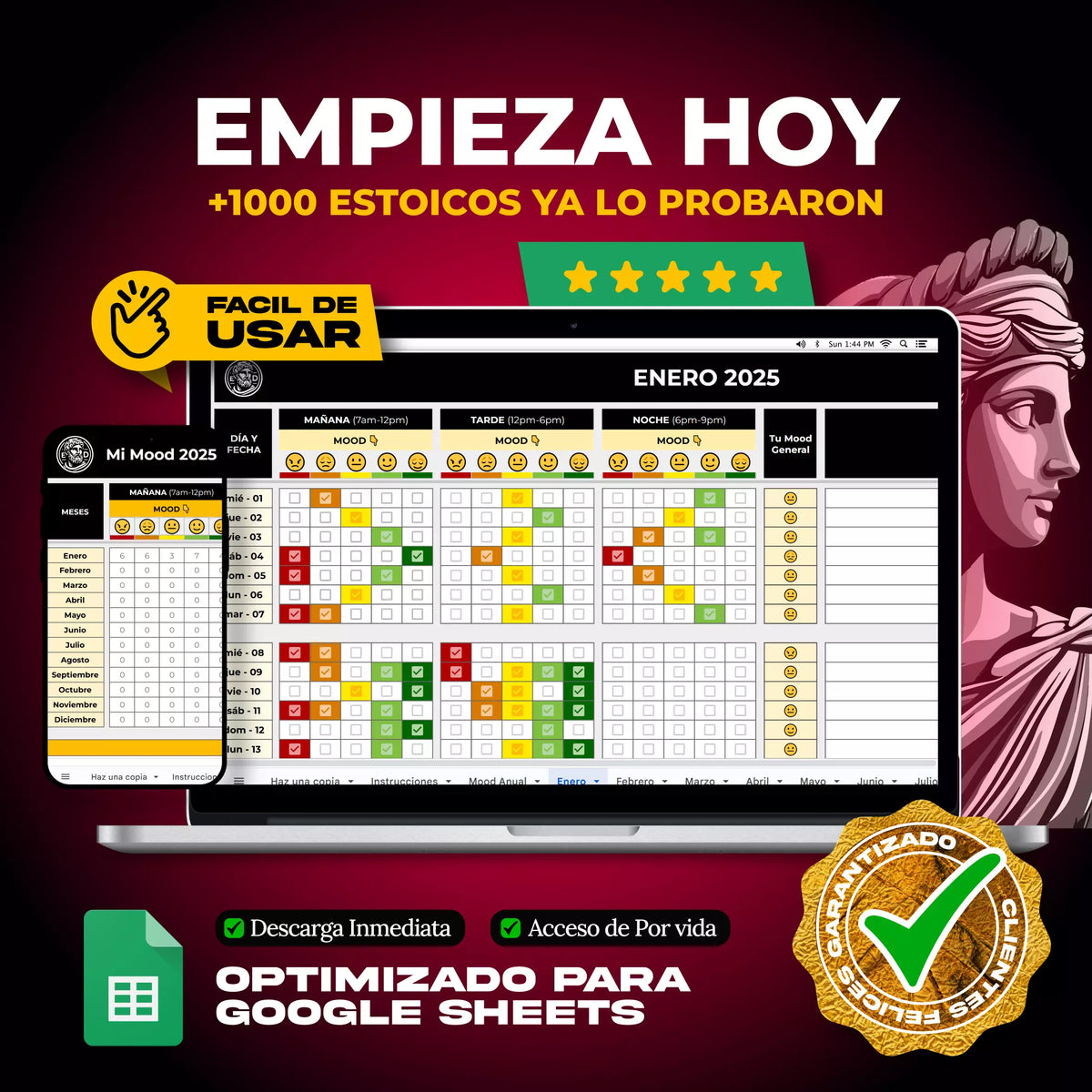 Mood Tracker en Google Sheets mostrando registro emocional diario con gráfico de tendencias mensuales (vista 4) — vista 4