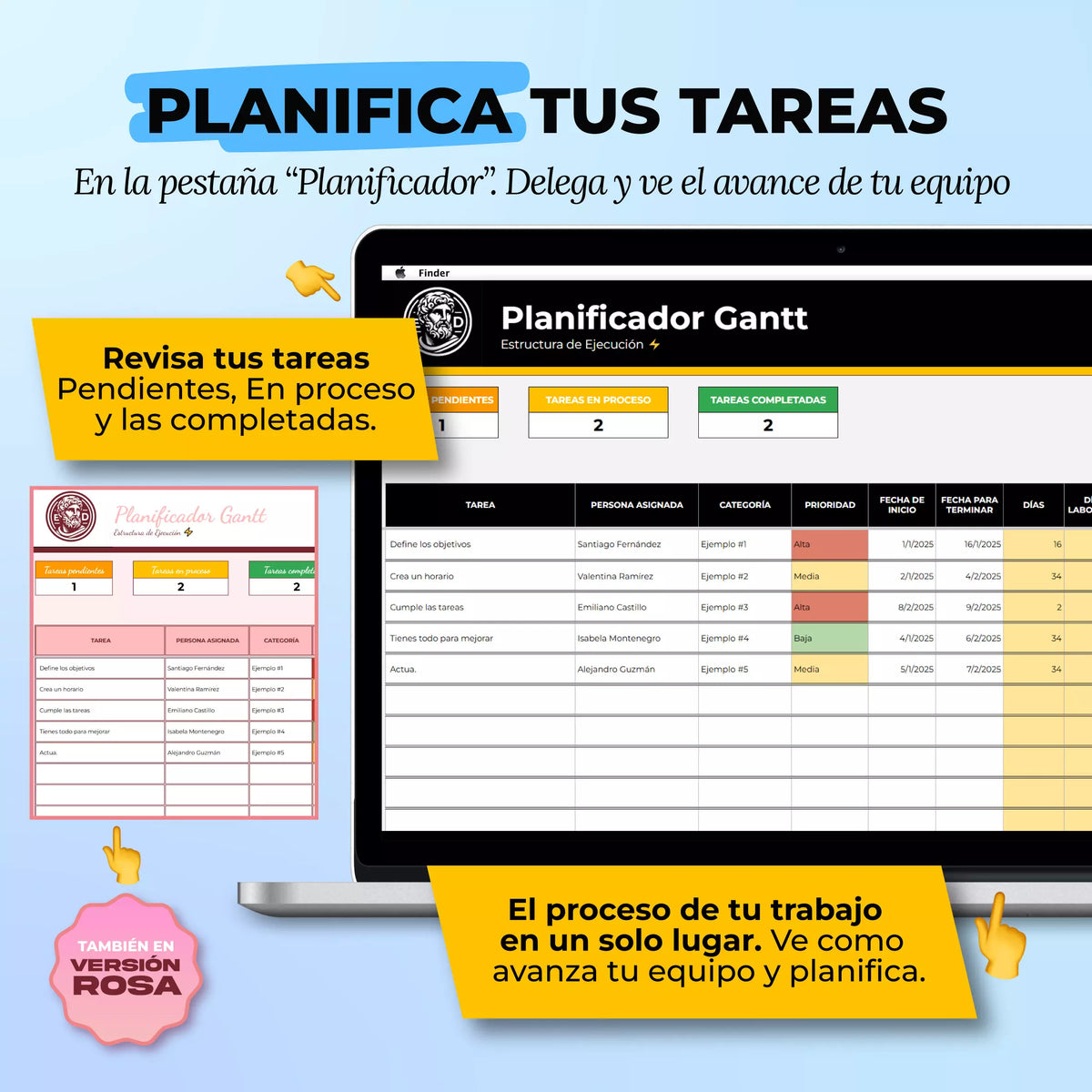 Planificador Gantt en Google Sheets mostrando diagrama de barras con tareas, plazos y responsables de proyecto (vista 3) — vista 3