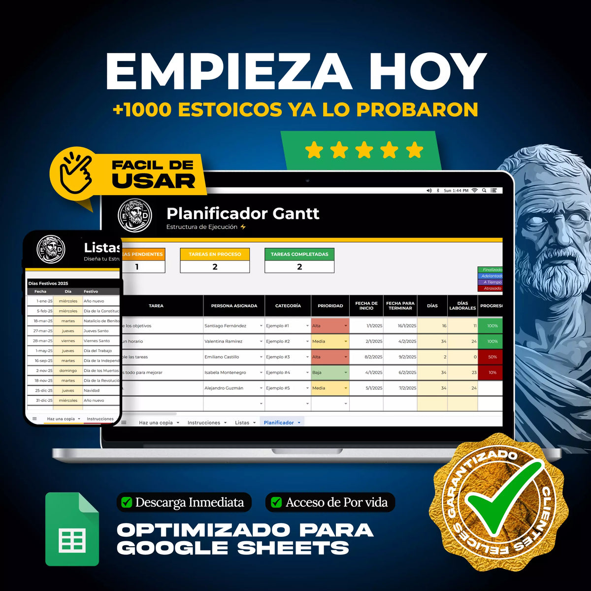 Planificador Gantt en Google Sheets mostrando diagrama de barras con tareas, plazos y responsables de proyecto (vista 4) — vista 4