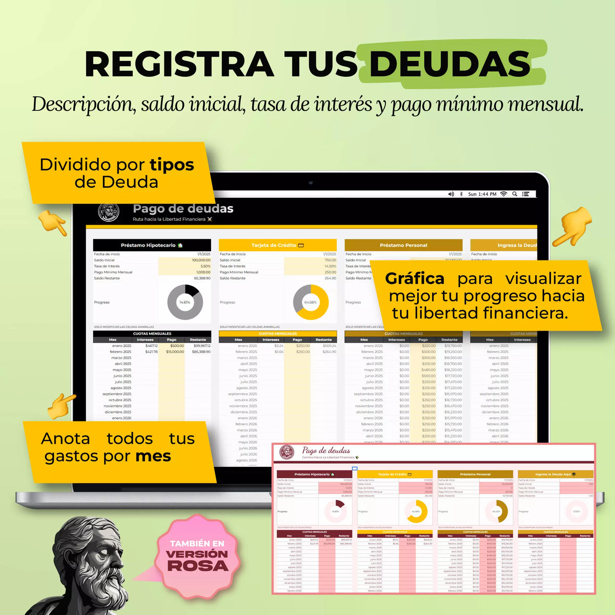 Plantilla Plan de Pago de Deudas en Google Sheets mostrando tabla de deudas con método avalancha y proyección (vista 2) — vista 2
