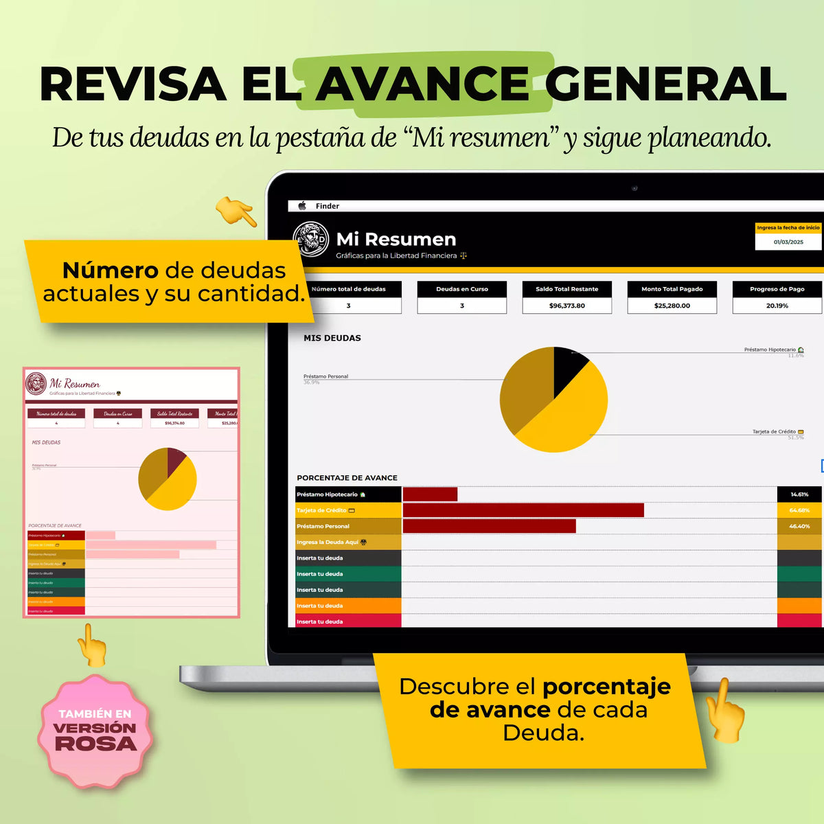 Plantilla Plan de Pago de Deudas en Google Sheets mostrando tabla de deudas con método avalancha y proyección (vista 3) — vista 3
