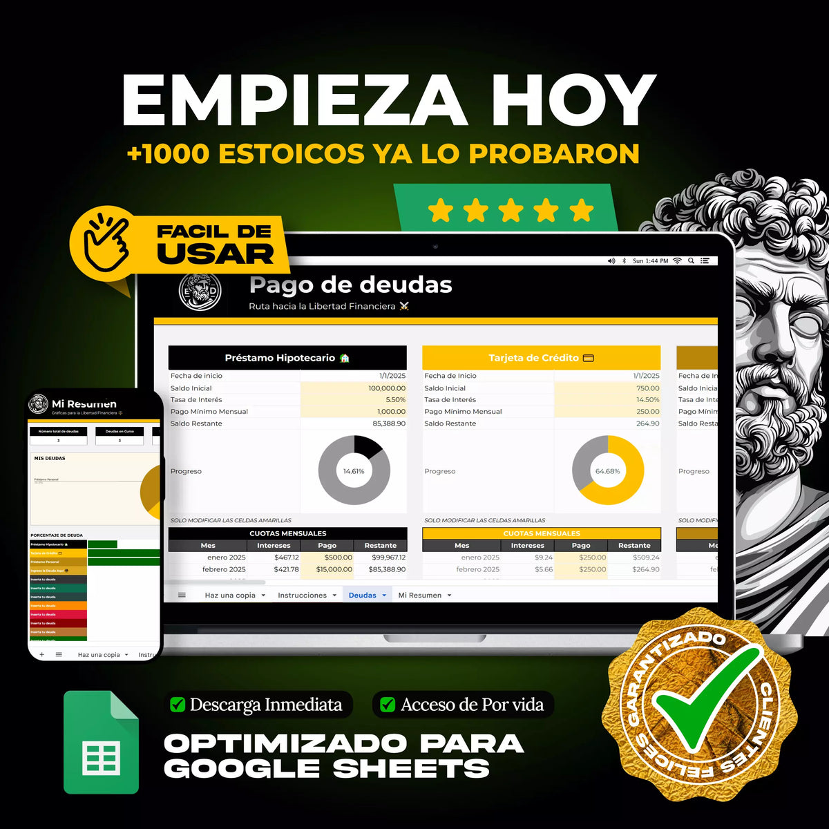 Plantilla Plan de Pago de Deudas en Google Sheets mostrando tabla de deudas con método avalancha y proyección (vista 4) — vista 4