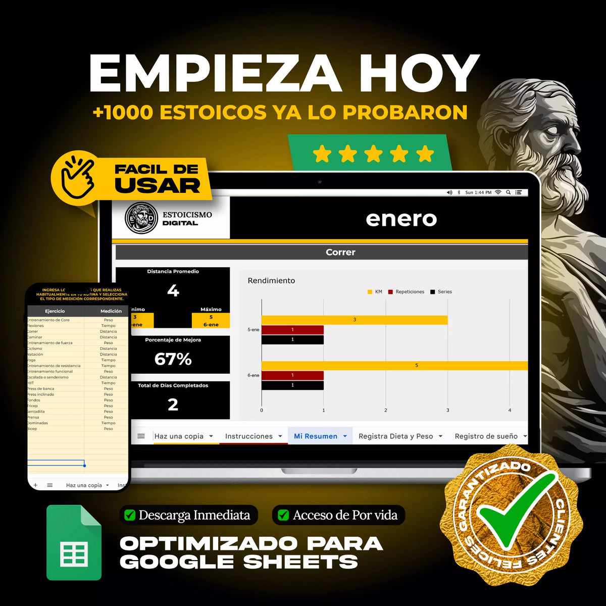 Tracker Fitness en Google Sheets mostrando registro de rutinas semanales, peso y progreso físico con gráficos (vista 4) — vista 4