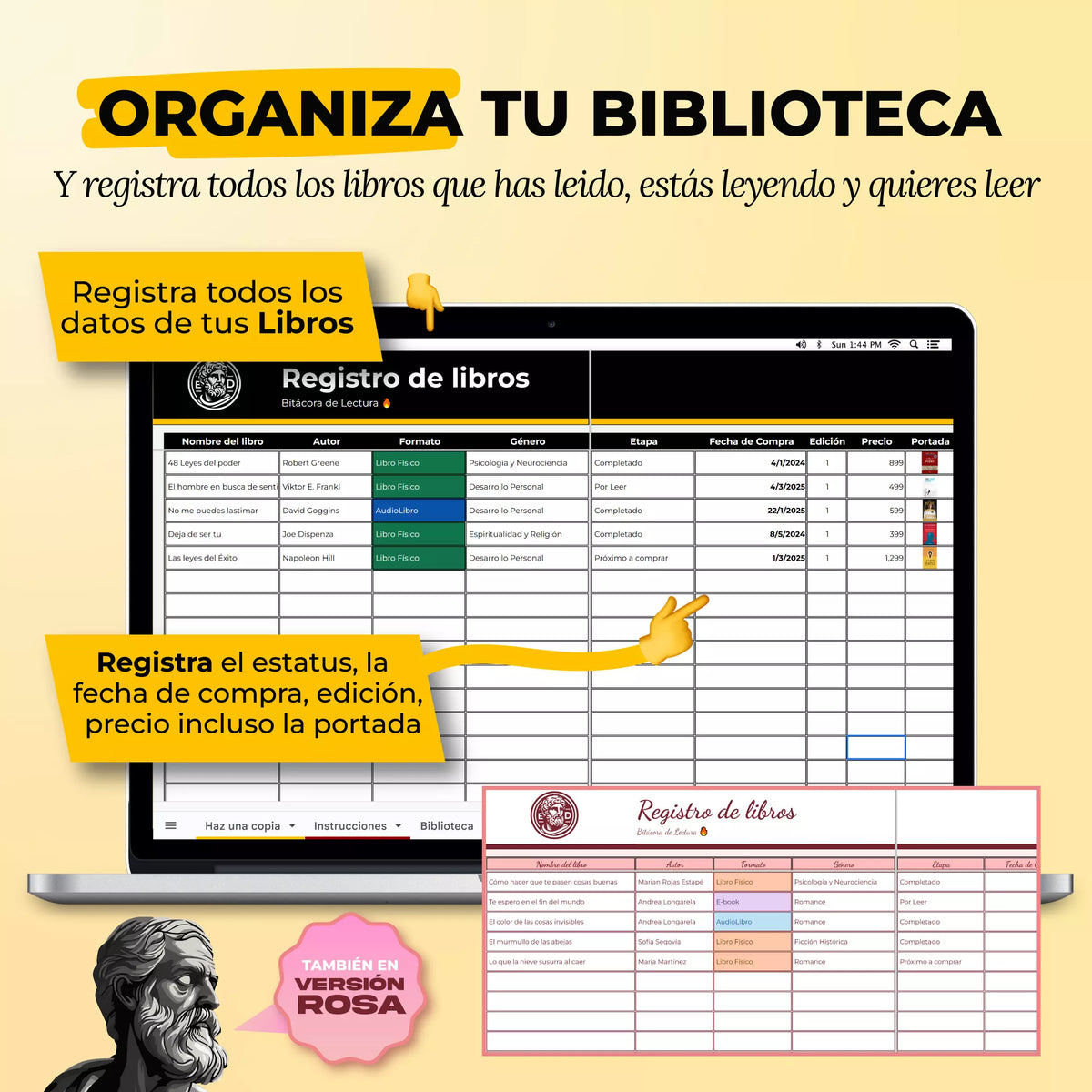 Tracker de Lectura en Google Sheets mostrando lista de libros con progreso, calificación y notas por título (vista 2) — vista 2