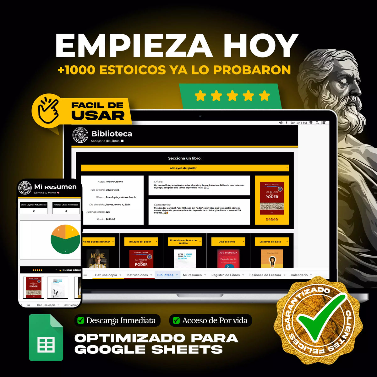 Tracker de Lectura en Google Sheets mostrando lista de libros con progreso, calificación y notas por título (vista 4) — vista 4