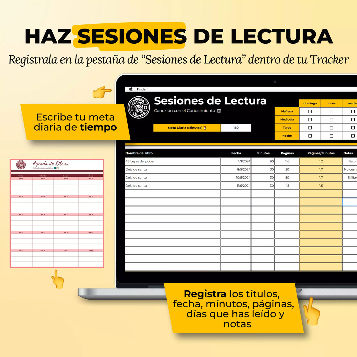 Tracker de Lectura en Google Sheets mostrando lista de libros con progreso, calificación y notas por título (vista 3) — vista 3